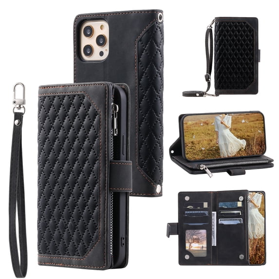 For iPhone 11 Pro Max Premium PU Leather Crossbody Case Purse Zipper Pocket Magnetic Folio Card Slots Wallet Kickstand Phone Case with Shoulder Strap & Wrist Strap For iPhone 11 Pro Max,
Black