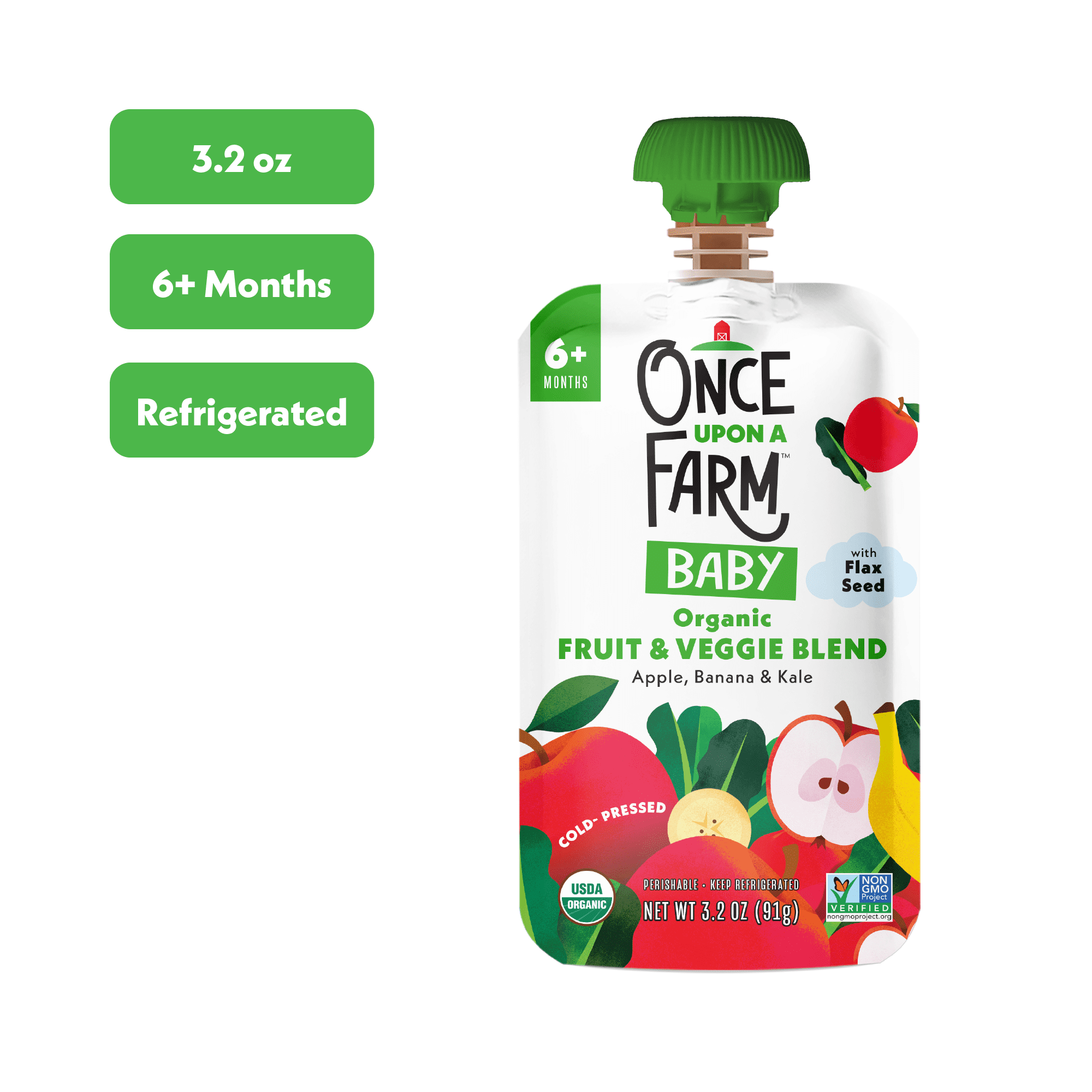 Once Upon a Farm Organic Refrigerated Baby Food Fruit & Veggie Blend Apple, Banana & Kale with Flax Seed, 3.2oz Pouch