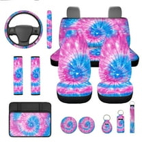 Jeiento Tie Dye 13 PCS Car Seat Cover Set Auto Steering Wheel Cover Seat Belt Pad Cup Holder Auto Armrest Cover Keychain Automobile Accessories Sets Pink Blue