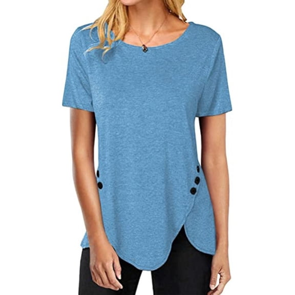 Ichuanyi Womens Summer Solid Tops Tees Short Sleeve Casual Round Neck T Shirts Blouse Plus Size Women Side Buttons Tunic Tops