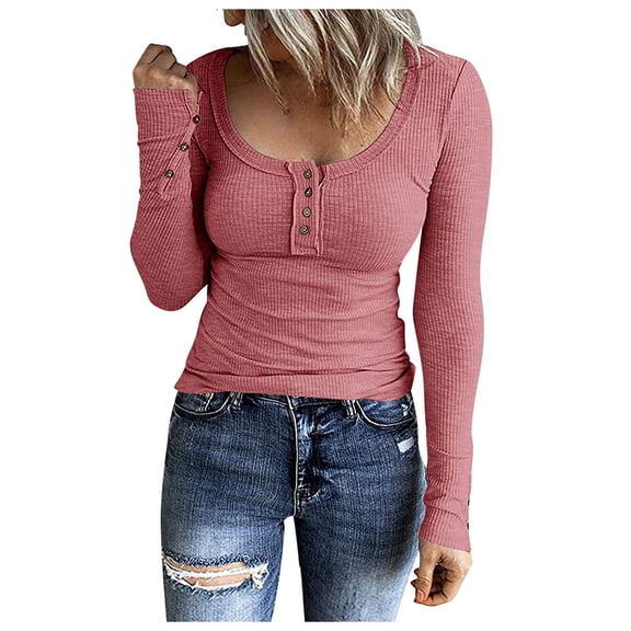 Scyoekwg Womens Tops Casual Long Sleeve Round Neck Button Slim T Shirts Trend Comfy Soft Basic Tops Blouses (Pink,S)