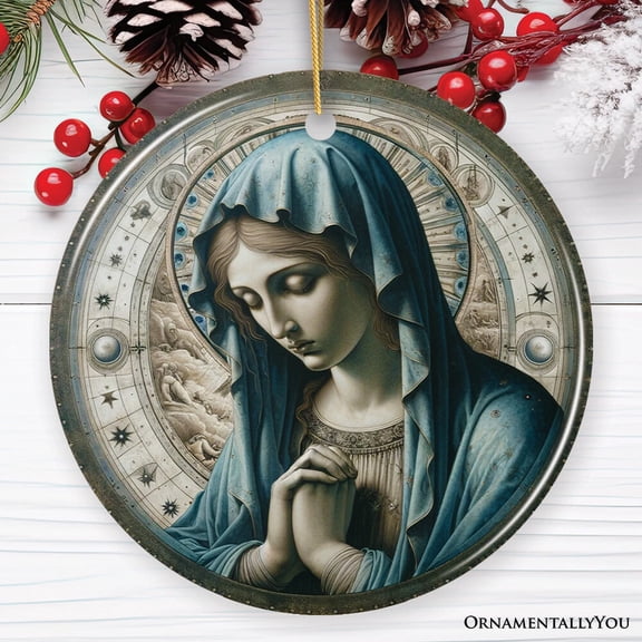 Holy Madonna Virgin Mary in Prayer Ceramic Ornament, Religious Painting Souvenir And Decor