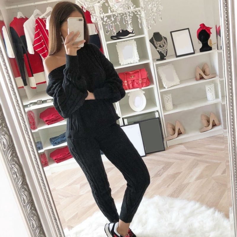 Women Two Piece Set Sweater Tops Pants 