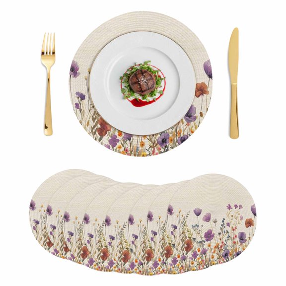 Purple Red Spring Floral Round 13 Inch Placemats Set of 8, Watercolor Botanical Summer Flowers HeatResistant Non Slip Place Mats for Dining Table, Wipeable Braided Kitchen Table Mats for Housewarming