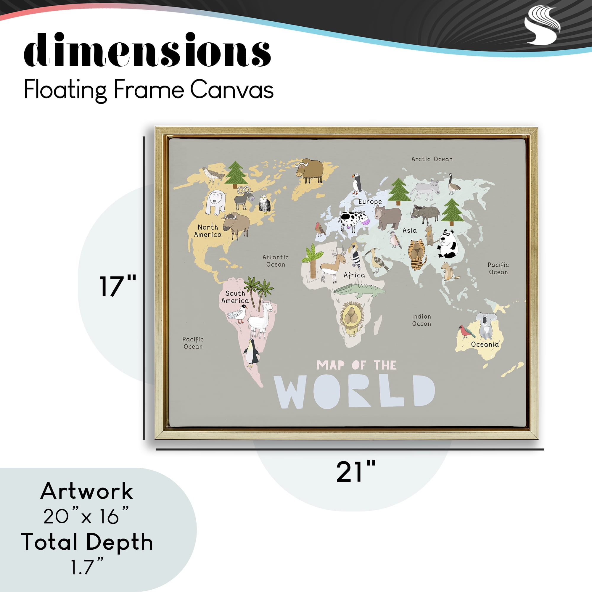 Kid's Map Of World Grey Gold Framed Floater Canvas Wall Art, design by Carla Daly