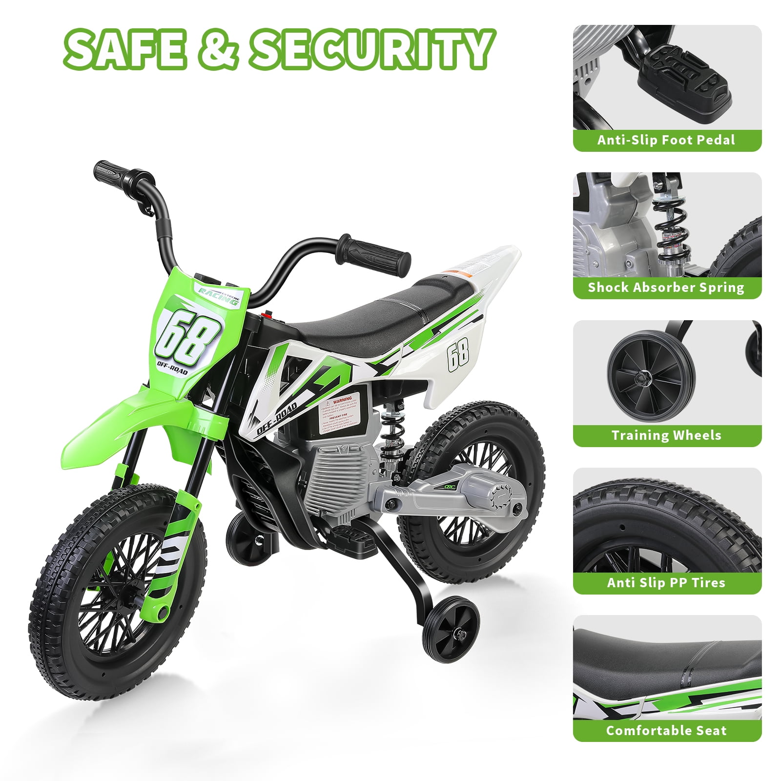 Funcid 12V Electric Dirt Bike with Twist Grip Throttle, Ride on Motorcycle with 2 Training Wheels, Suitable for Ages 3-8, Bluetooth, MP3, Dual Motors, Spring Suspension