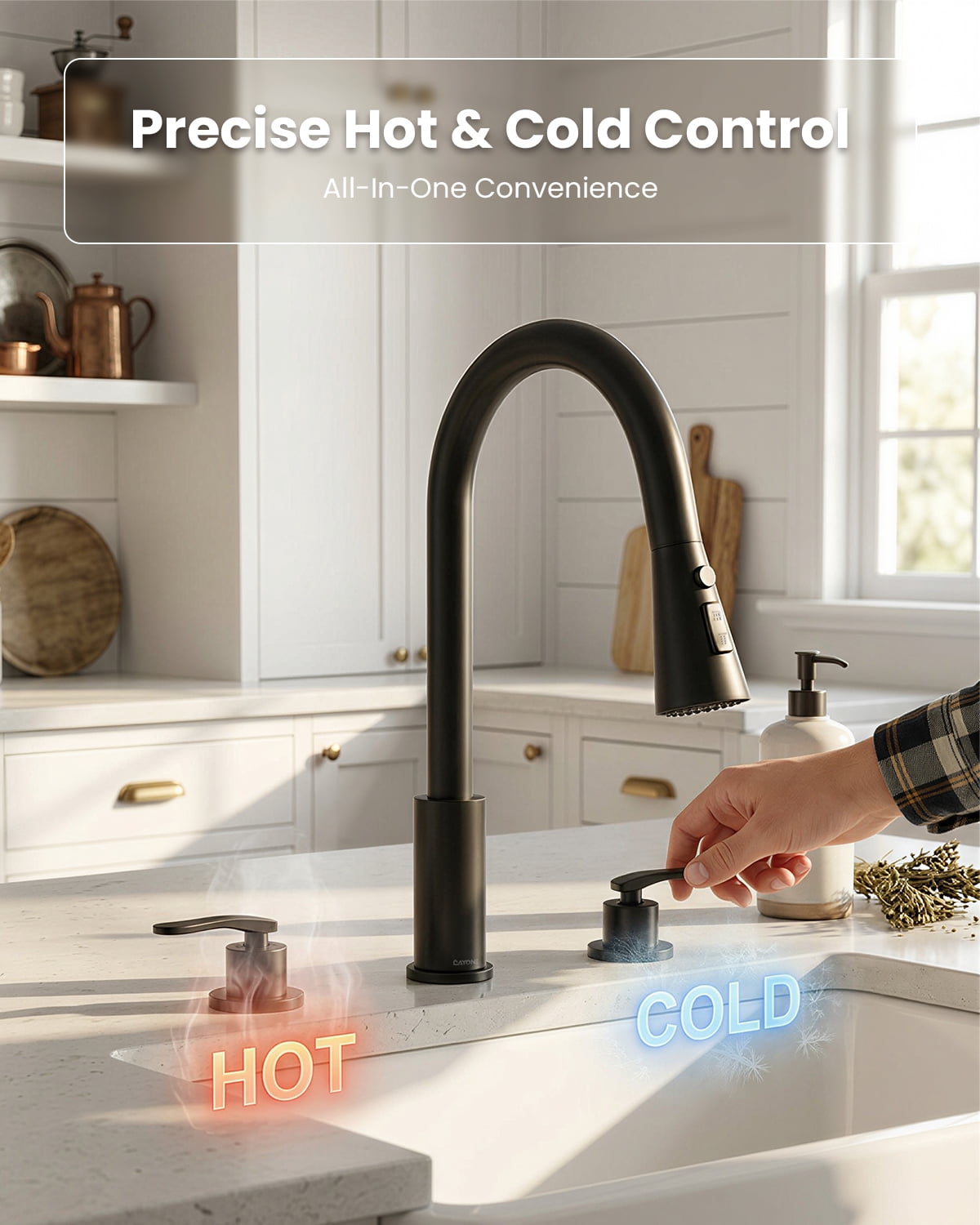 DAYONE Matte Black 3 Hole Kitchen Faucet with Separate Handle and Pull Down Sprayer, 2 Handle Sink Faucets for Kitchen RV Laundry Bar