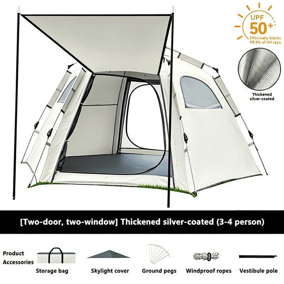 WFYL 3-4 Person Tent for Camping, Camping Tent w/ Carry Bag, Wind Ropes & Stakes, Tent poles, Instant Tent for Outdoor, Hiking, Traveling, Off-white