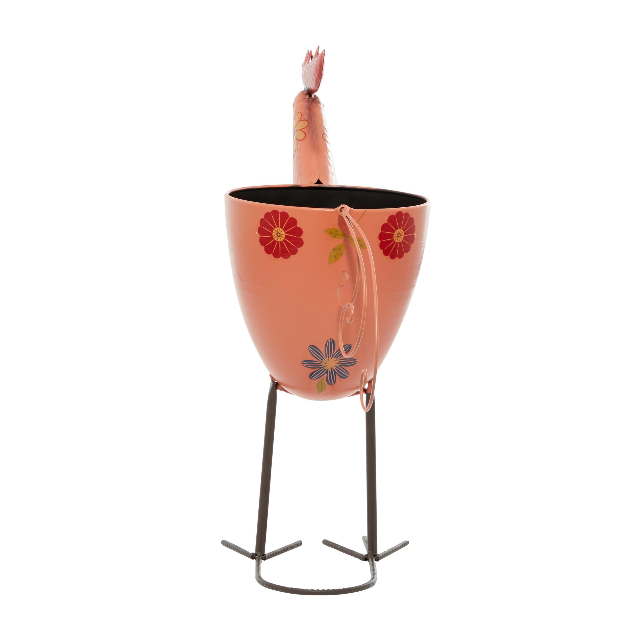 DecMode 19" x 20" Pink Metal Rooster Planter with Floral Pattern Planter