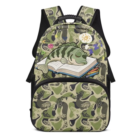 KUIFORTI Green Fish Camo Large Capacity Boys School Backpack Durable Kids Bookbag with Multiple Organizer Pockets for Elementary Primary Middle Back to School Gifts