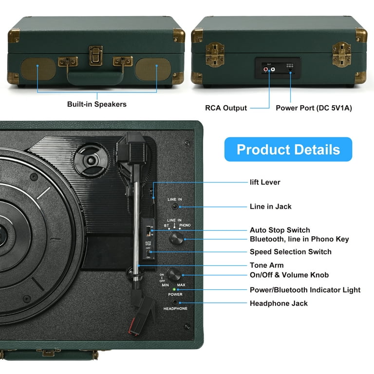 Giradischi Bluetooth in vinile a tre velocità con altoparlanti stereo
