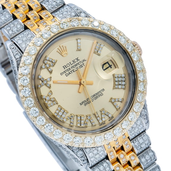 Pre-Owned Rolex Datejust 36MM 1601 Champagne Roman Diamond Dial Diamond Bezel Two Tone Yellow Gold Full Diamond Jubilee Bracelet 8.25ct