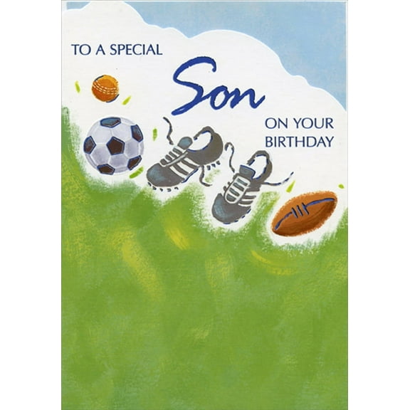 Designer Greetings Soccer Ball, Cleats, Football and Baseball Birthday Card for Teen / Teenage Son
