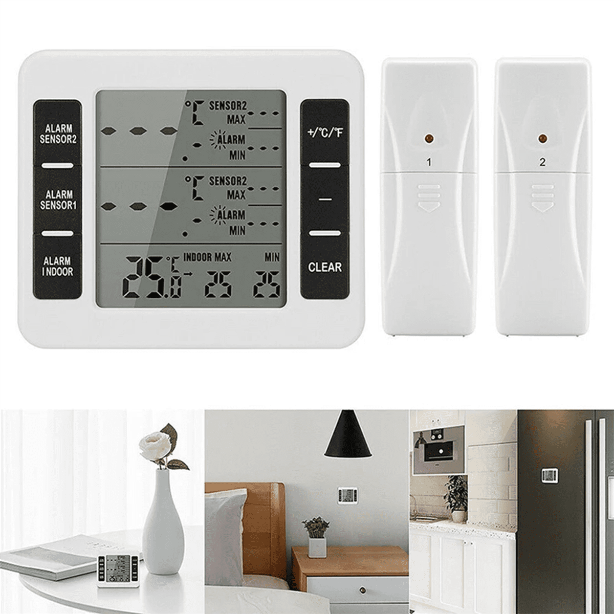 2Set Wireless Freezer Thermometer 2 Remote Sensors Alarm Low Temperature Refrigerator Thermometer Clock,2 x Freezer Thermometer 4 x Remote Sensor,White
