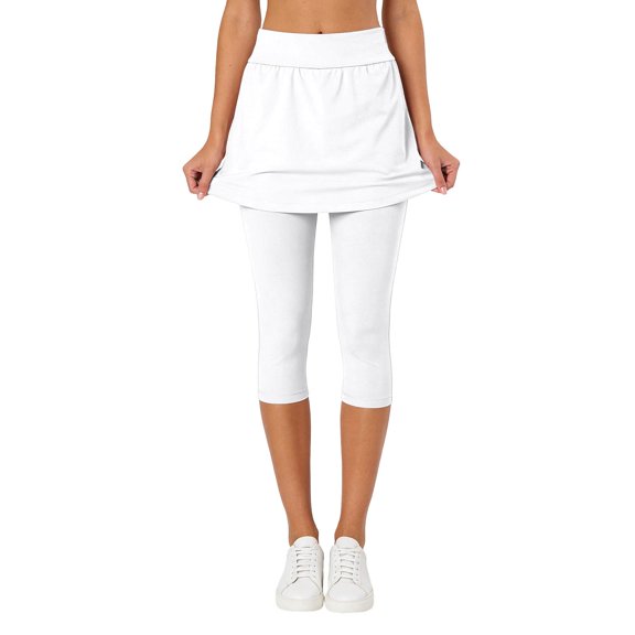 KHONTS Women's Yoga Skirted Capri Leggings Golf Tennis Pants with Skirt for Running Workout Active White XL