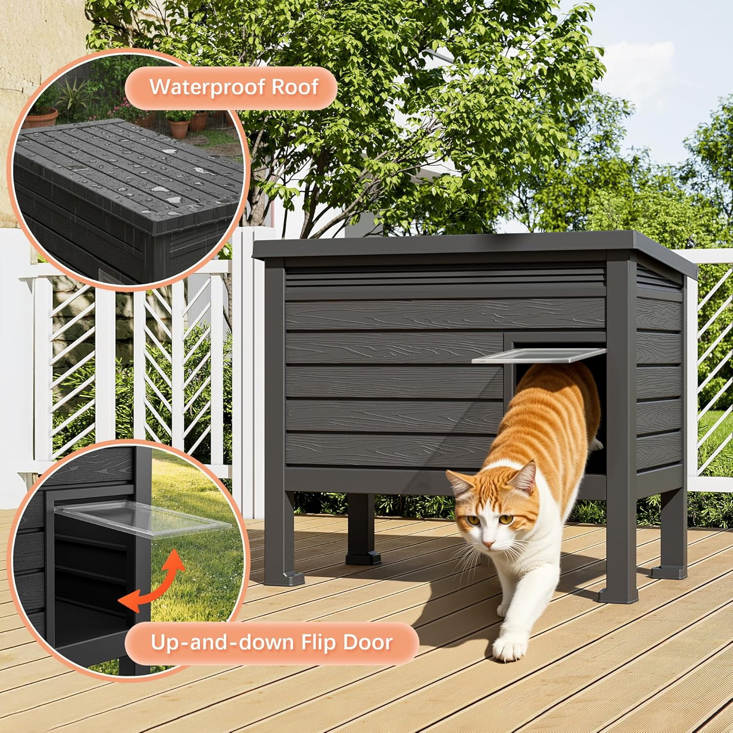 ZUCONKITCH Indoor/Outdoor Elevated Cat House, Weather-Resistant Pet Shelter with Flat Top Resting Platform, Enclosed Cat Retreat for Feral & Household Cats
