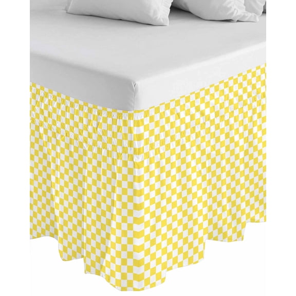 Yellow White Plaid Wrap Around Bed Skirts for Queen Bed 16" Drop,Bed Skirt with Adjustable Elastic Belt Dust Ruffle Bed Valance for Bedroom Hotel Modern Retro Geometric Checkered Bed Frame Cover