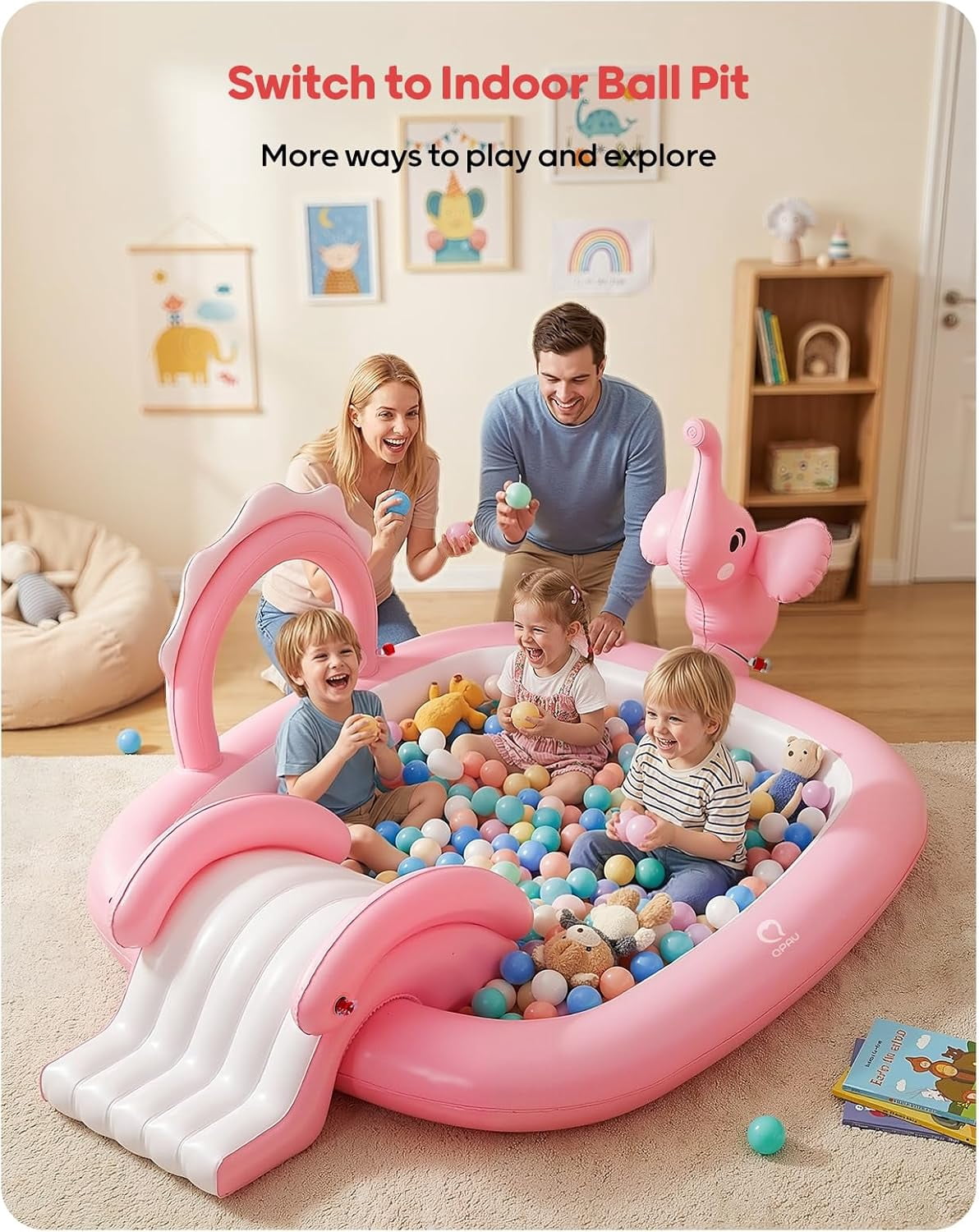 Elephant Kids Pool with Slide and Sprinkler, Inflatable Play Center with 4 Rings, 72 × 64 × 37 in, Fast Inflation Kiddie Pool for Garden & Backyard, Birthday Gift for Ages 1+ (Pink)