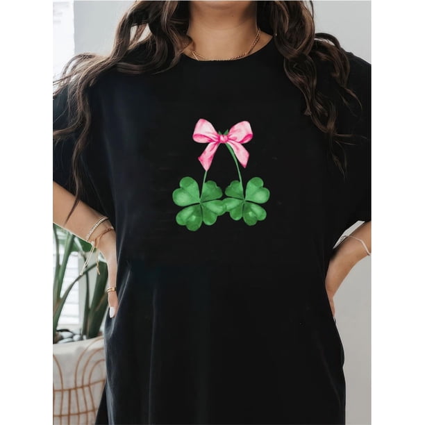 Lucky Shamrock, Trendy Irish Design Fashion Women's Sports Casual T-Shirt - Round Neck Short Sleeve Camisetas de verano para mujer, manga corta, cuello redondo, casual, lindo, con gráficos, camisetas
