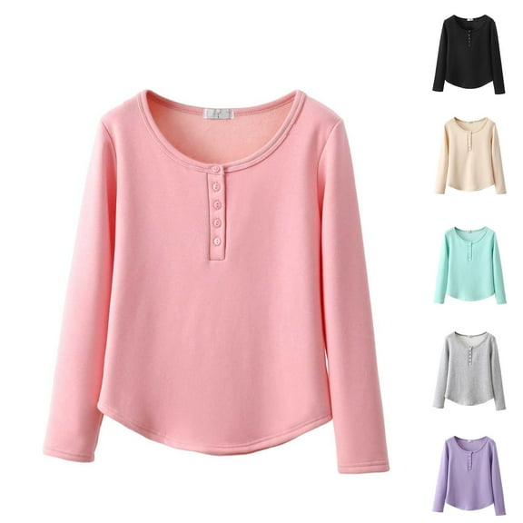Antinious Women Solid Color Crewneck Button Long Sleeve Curved Hem Fleece-Lined Warm Sleep Top,Fall Winter Sleep Shirts for Women,Women Tops,Beige,XXL
