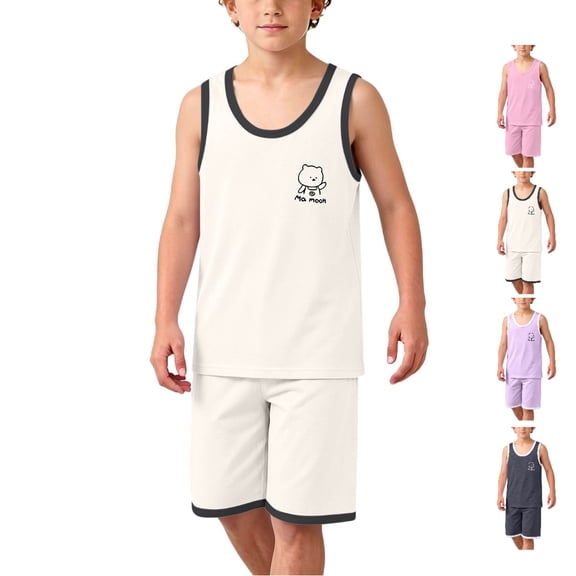 Afuyipoi Boys Girls 2-Piece Summer Sleeveless Tank Top and Shorts Set (0-15 Years) Soft Modal Breathable Loungewear Homewear Outfit For Kids White 3T
