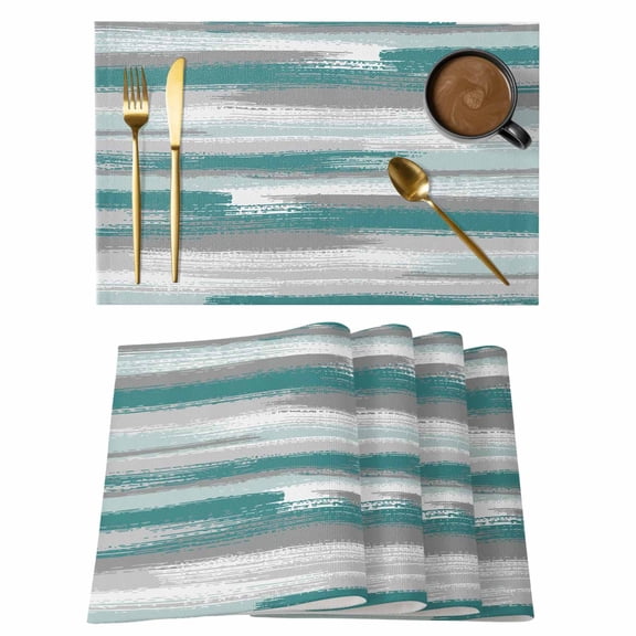 Blue Gray Stripes Placemats Set of 4, Watercolor Modern Abstract Minimalist Placemats for Dining Table, Place Mats for Kitchen Tabletop, Waterproof Wipeable Dining Table Mats Set