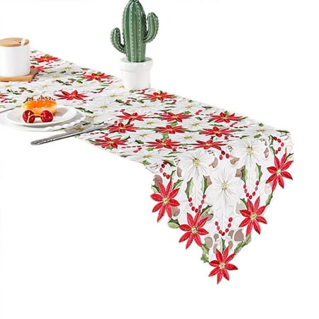 

✪ Christmas Embroidered Table Runners Luxury Poinsettia Holly Table Runner