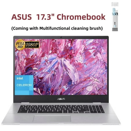 ASUS Chromebook, 17.3" FHD Display, Intel Celeron-N4500 Processor, 4GB RAM, 64GB eMMC, Intel UHD Graphics 630, Webcam, Wi-Fi 6, Long Battery Life, Chrome OS, Cleaning Brush
