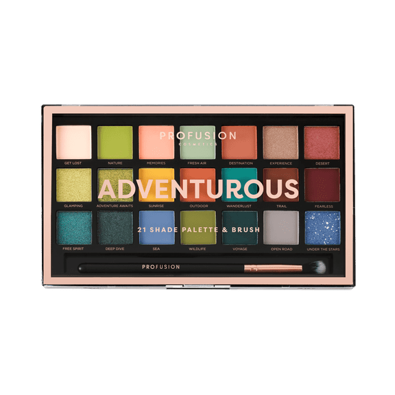Profusion Cosmetics 21 Color Eyeshadow Palette, Multi Finish Blendable Pigmented Shades Includes Pro Series Brush Travel-Friendly Makeup, Adventurous