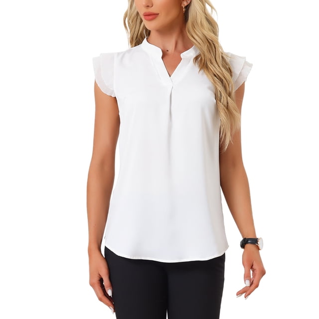 Blusa sin mangas con volantes de cuello en V para mujer INSPIRE CHIC, camisa elegante sólida blanca XS