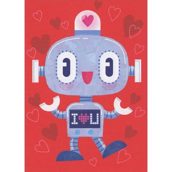RSVP Cute Blue I Heart U Robot on Red Background Valentine's Day Card for Boy