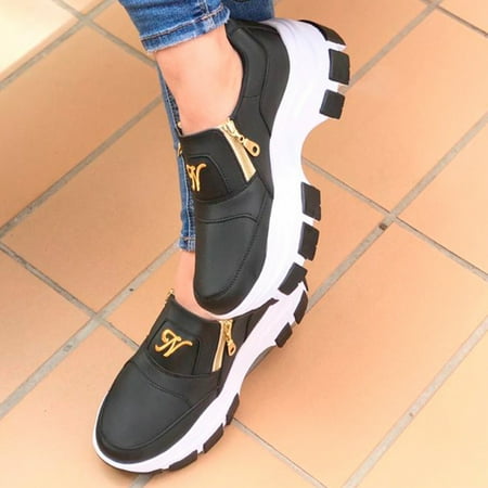 

HIBRO Women s Fashion Casual Platforms Increased Wedges Walking Sneakers Zipper Shoes