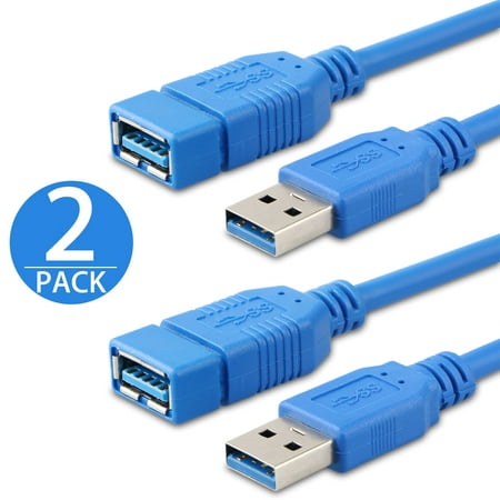 2-pack 10 Feet SuperSpeed USB 3.0 Type A Male to Female Extension Cable Plug and