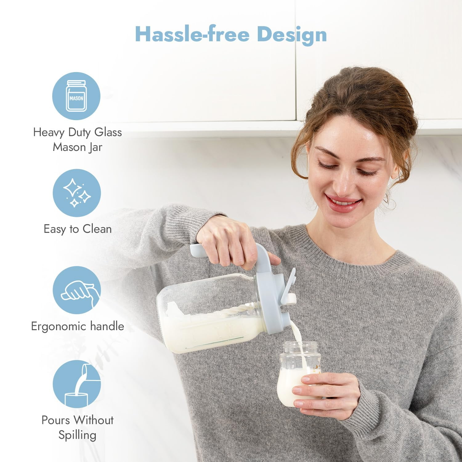 Papablic Glass Breastmilk Pitcher, Formula Mixing Pitcher with Mixing Handle Lid, Wide Mouth Mason Jar Mixer with Flip Locking Spout, Easy to Clean, BPA Free, Pink