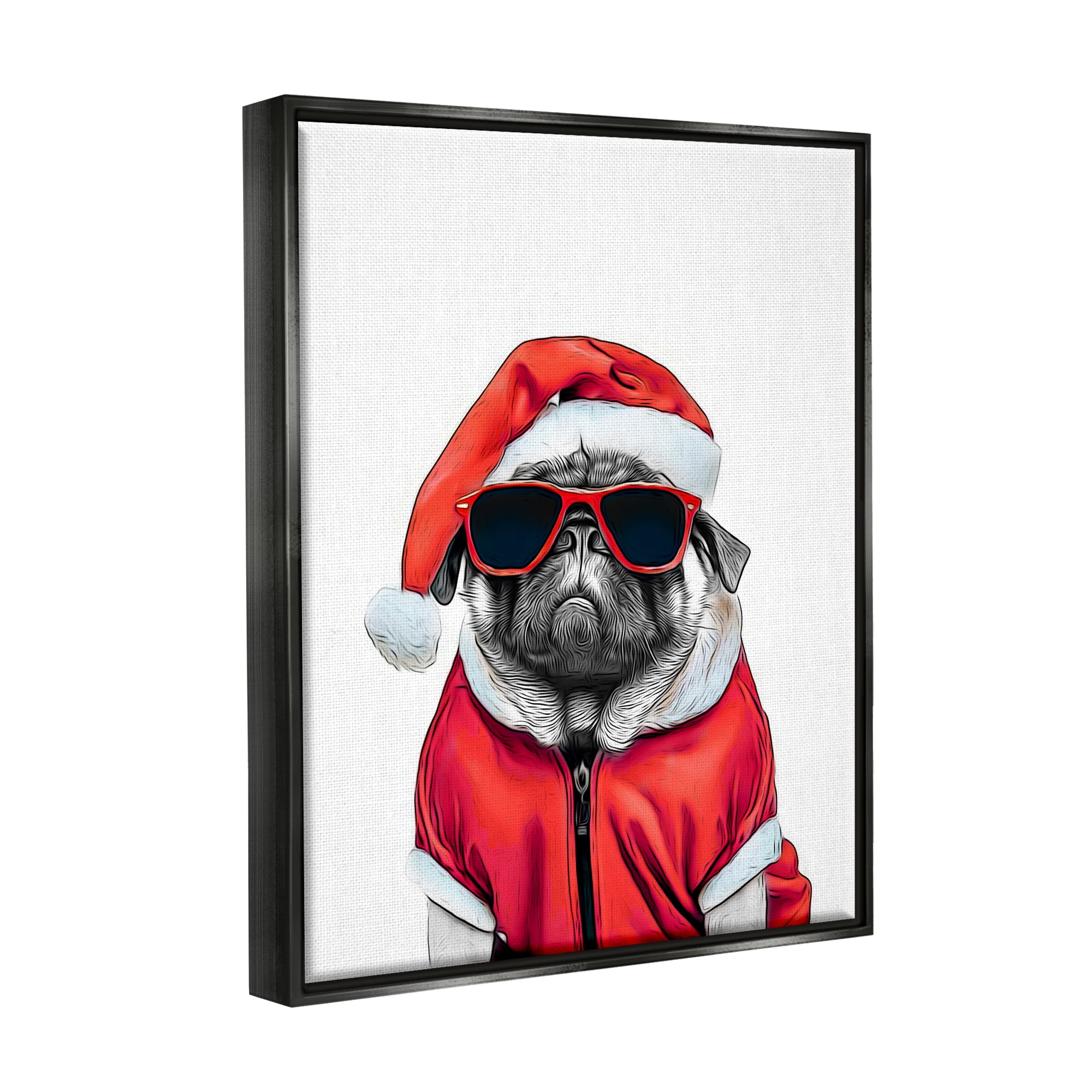 Stupell Industries Funny Pug Santa Hat Holiday Painting Black Floater Framed Canvas Art Print Wall Art, 25 x 31