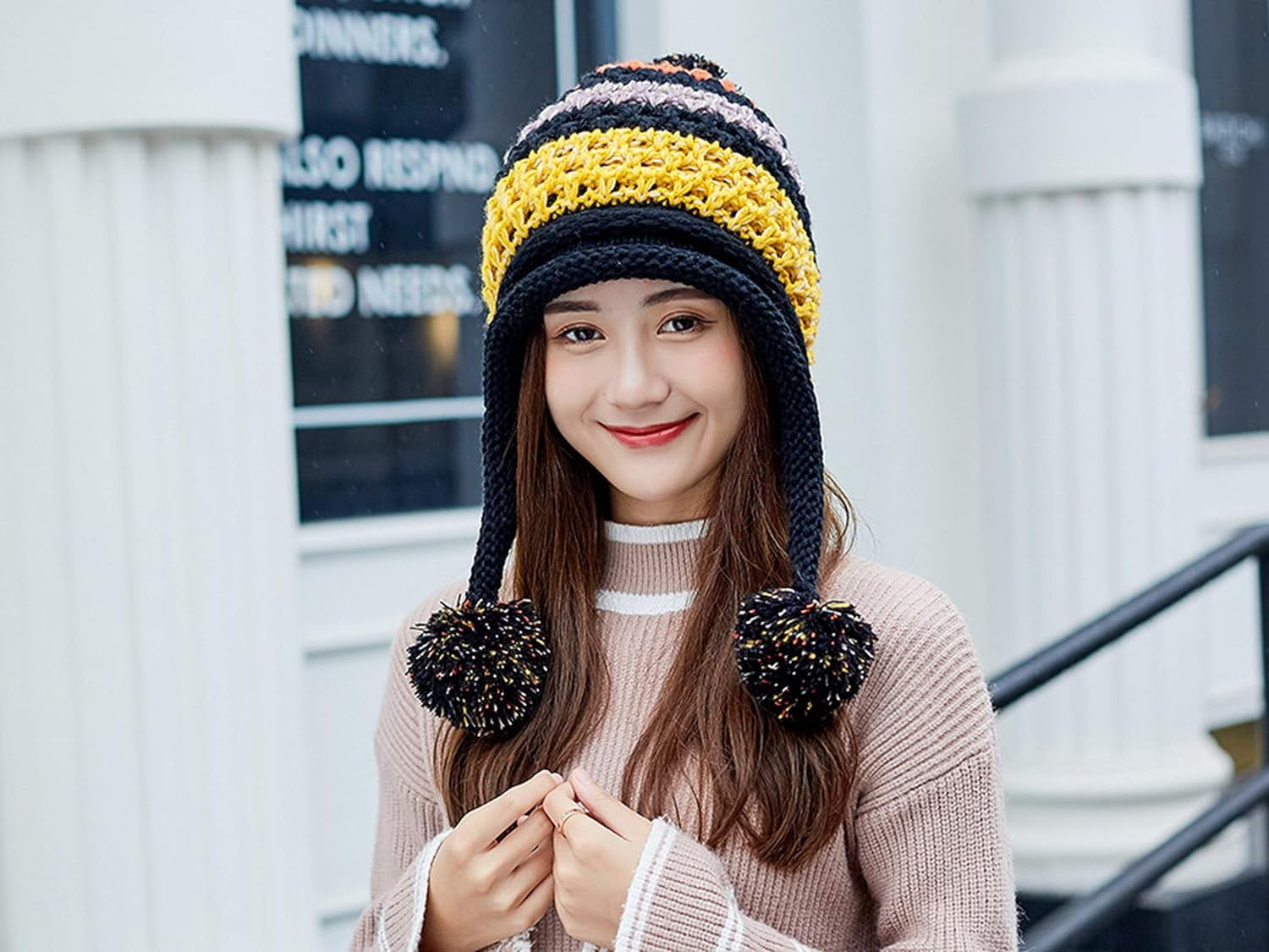 YooGuoGuo Women Fleece Lined Beanie Cap Contrast Color Warm Knitted Ski Hat w/Earflap Pom