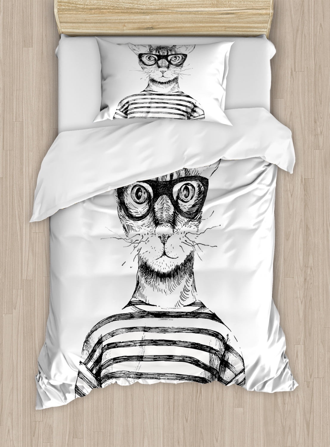 Cat Duvet Cover Set, Hand Drawn Dressed Up Hipster New Age Cat Fashion