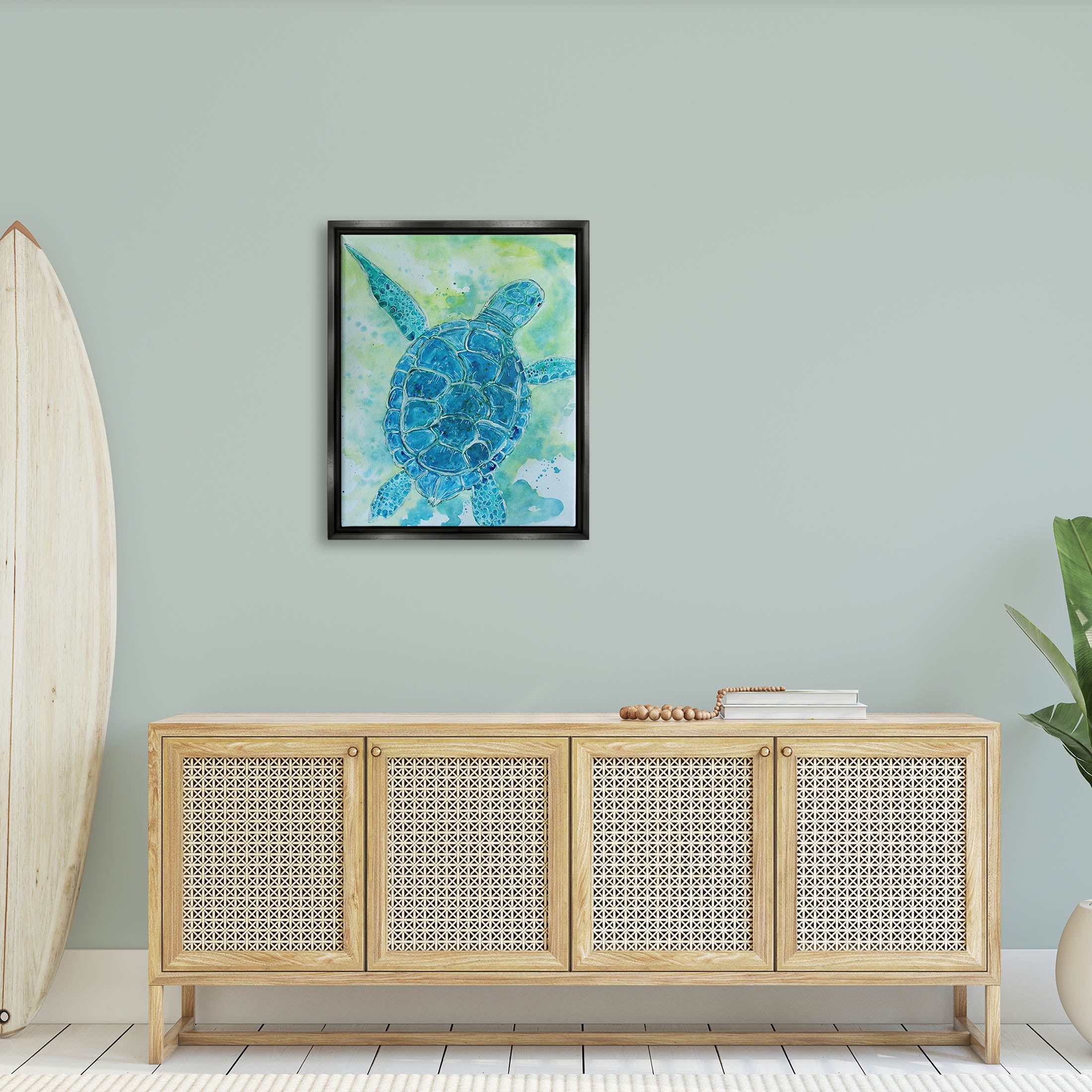 Blue Sea Turtle Aquatic Bubbles Animals & Insects Painting Jet Black Framed Art Print Wall Art