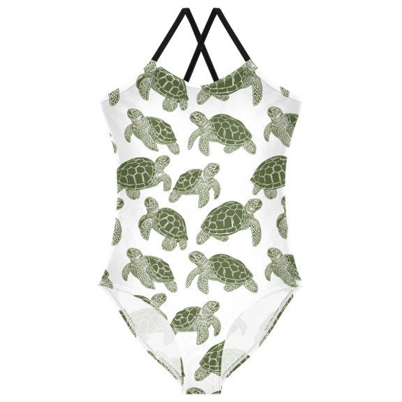 Girls Turtle Retro Print One Piece Swimsuit, Cross Back Spaghetti Strap Bathing Suit for Kids Summer Beach Pool Swimwear 7-8T