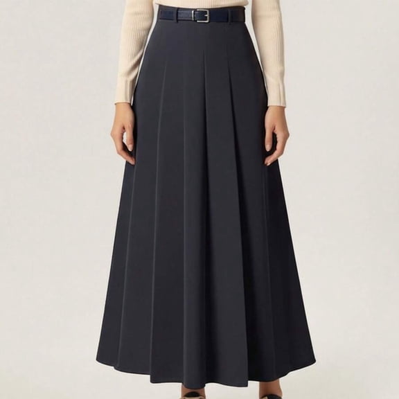 Womens High-Waist Pleated A-Line Midi Skirt With Belt - Black