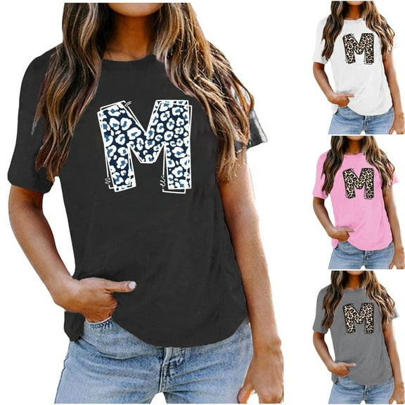 Fesfesfes Women's Bodysuit Tops Women's Fashion Printed Loose T-shirt Short Sleeves Blouse Round-Neck Casual Tops Woman Shirts 6(M)