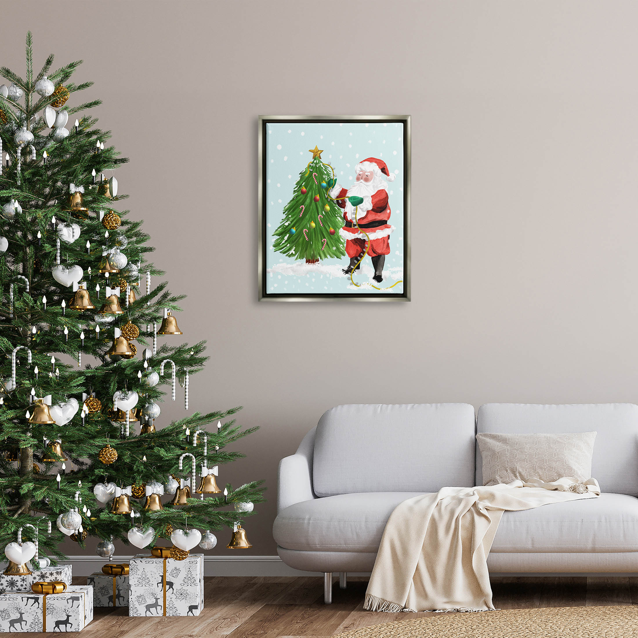 Snowy Santa Claus Tree Scenery Holiday Graphic Art Luster Gray Framed Art Print Wall Art