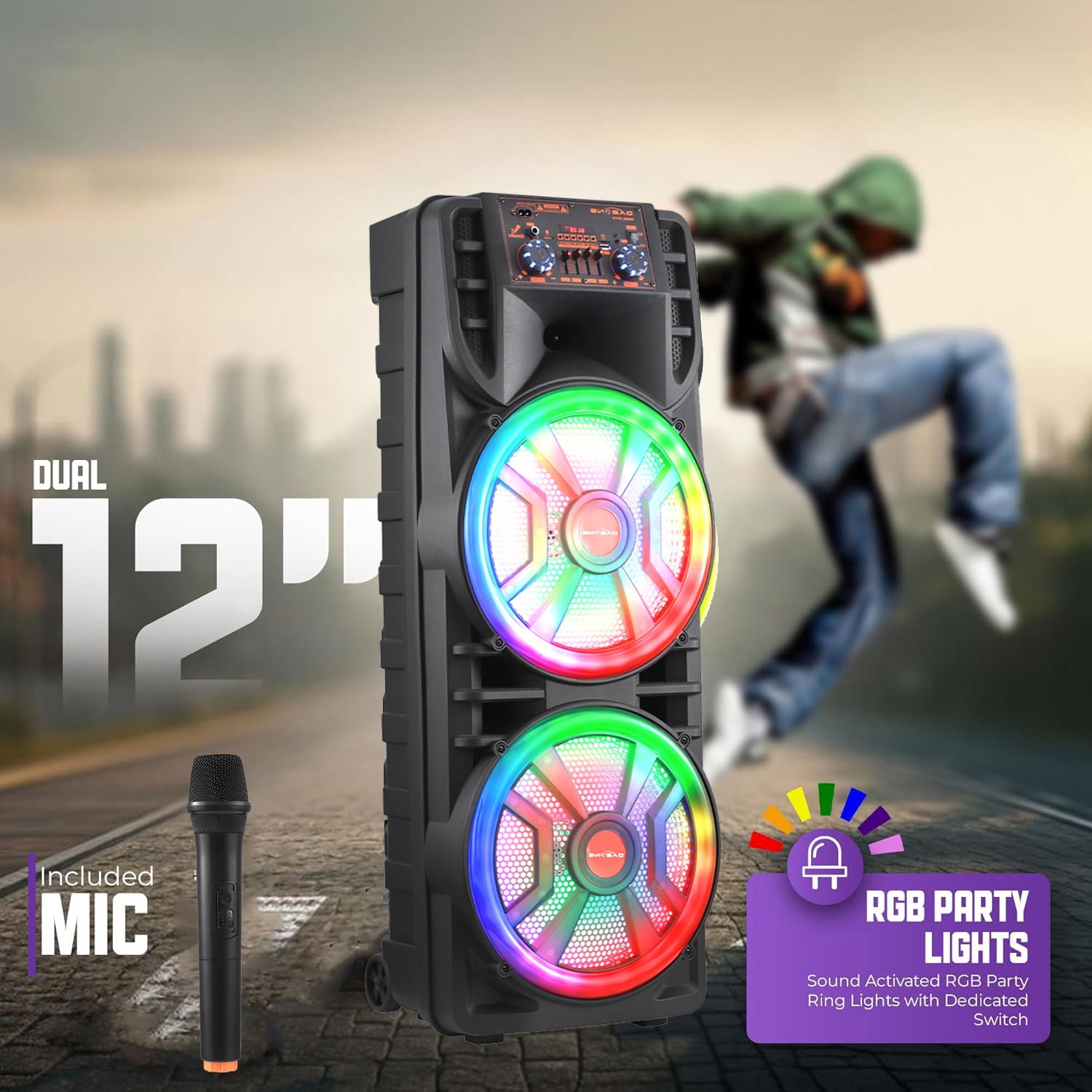 RIDWIND 8000W Peak Power Portable Bluetooth Speaker Indoor & Outdoor Dual 12" Woofers Loud Heavy Bass Sound System With Wireless Microphone RGB Party Lights Remote Control Support TWS/USB/FM/AUX/TF