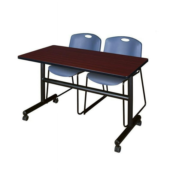 48" x 30" Flip Top Mobile Training Table-Mahogany and 2 Zeng Stack Chairs-Blue