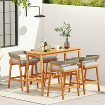 Costway 5 PCS Patio Counter Height Bar Set with 4 Cushioned Barstools Curved Rattan Back