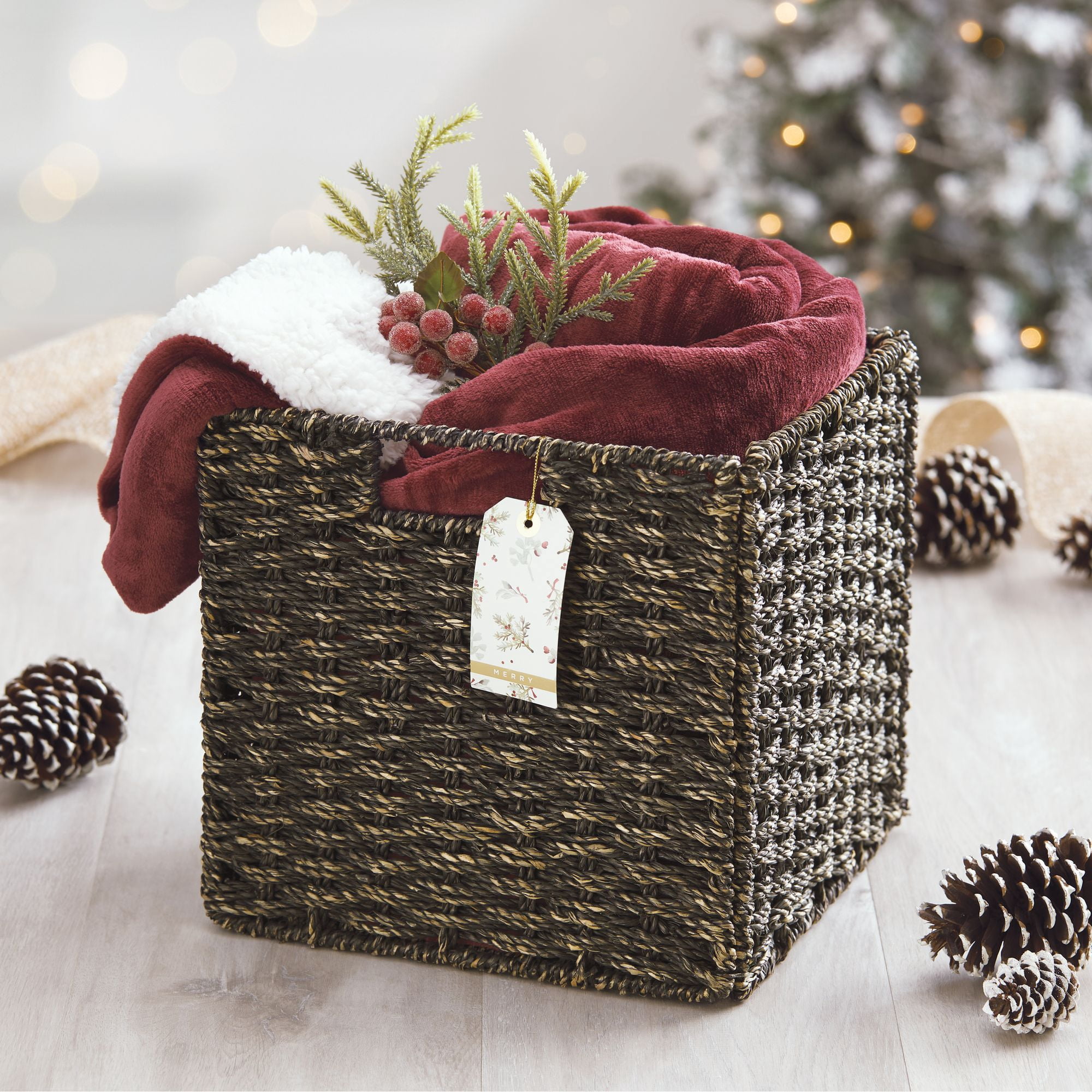 Seagrass Woven Cube Bin Basket Organizer with Handles for Bedroom, Home Office, Bathroom, Shelf and Cubby Organization