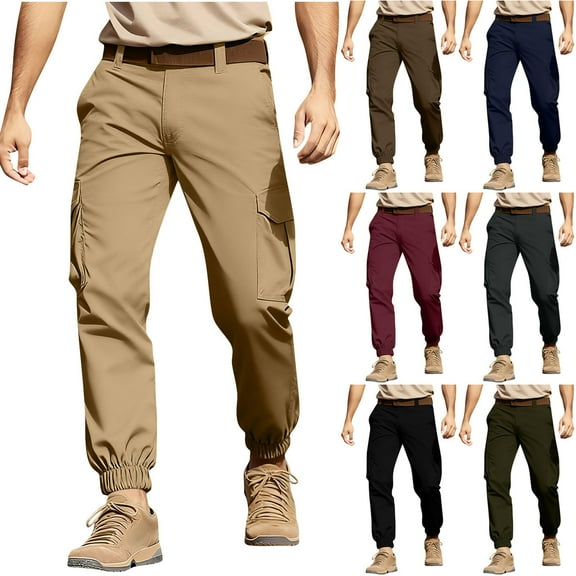 UVEASISHA Men's Big and Tall Cargo Pants Elastic Bottom Jogger Sweatpants Outdoor Casual Construction Work Pants Solid Color Tapered Trousers with Pockets Brown M