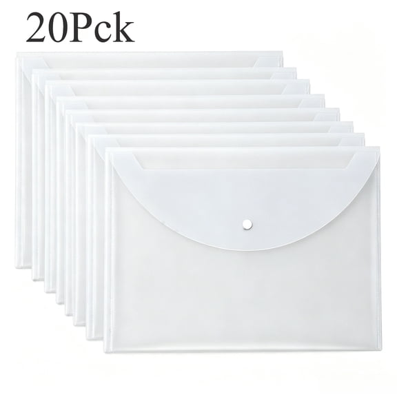 20 Pack Envelopes, A4 Size Heavy Duty Clear Document Folders with Snap Closure, Waterproof Transparent File Pouches for School, Office & Home Organization