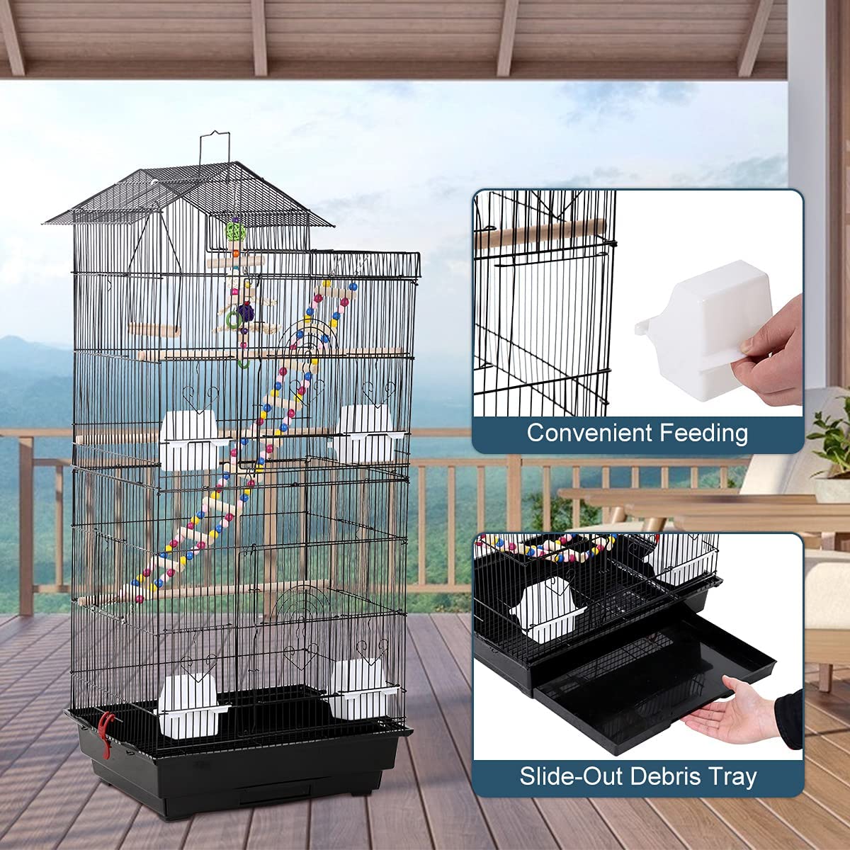 Dkeli 39"H Parrot Cage Metal Large Roof Top Bird Cage Double-Door Parakeet Cage with Ladder and Swing, Black