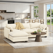 Cloud Like Modular Sectional Sofa with Movable Ottoman, Deep Seating with Lumbar Support, Machine-Washable Corduroy Cover - Beige